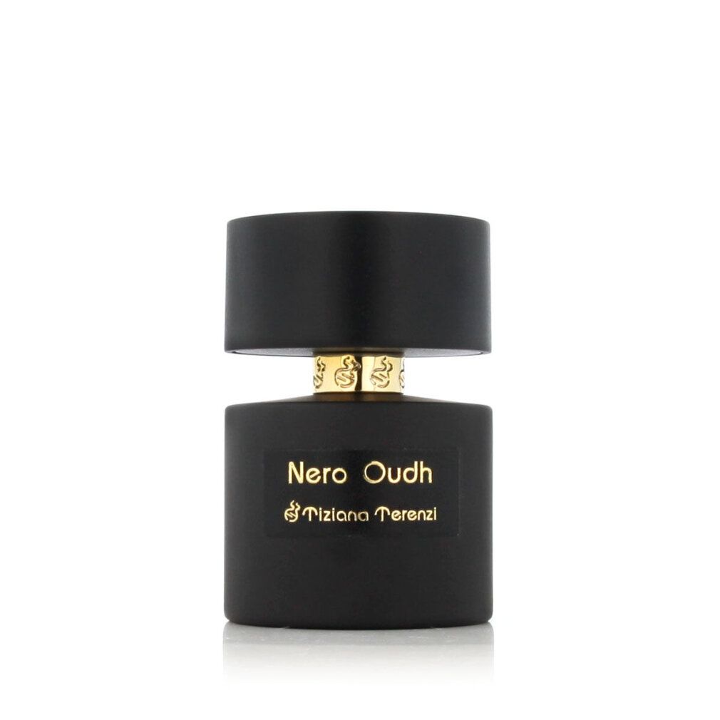 Flacone nero con scritta dorata "Nero Oudh" e "Tiziana Terenzi". Tappo nero.