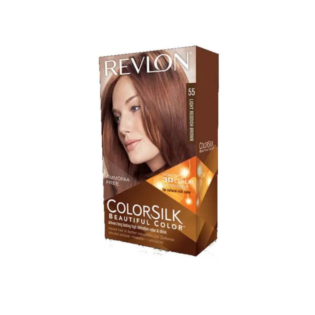 Confezione Revlon Colorsilk 55 Light Reddish Brown. Tecnologia 3D Color Gel. Immagine di donna con capelli tinti.