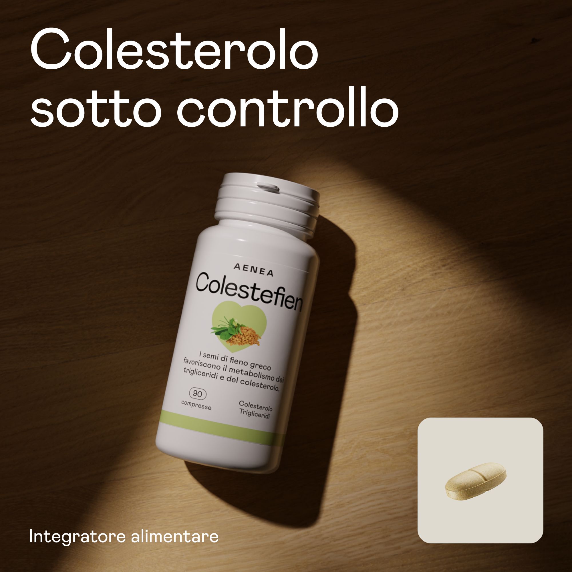 Flacone Aenea Colestefien con 90 compresse. Una compressa accanto. Sfondo marrone.