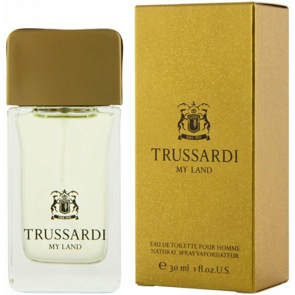 Flacone in vetro e confezione dorata. Logo e scritta: Trussardi My Land. Eau de Toilette.