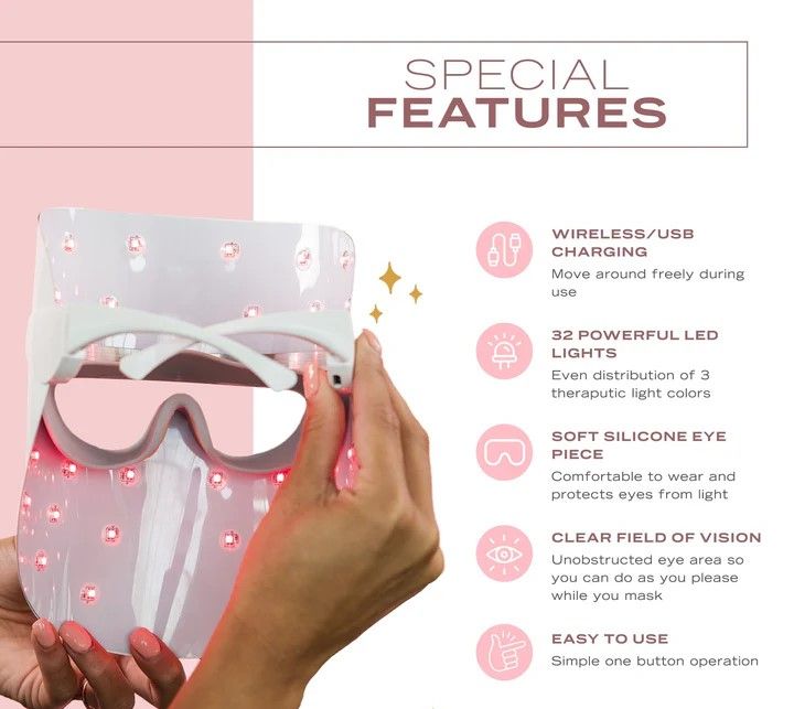 Una maschera LED rosa con luci rosse e testo sulle caratteristiche speciali.