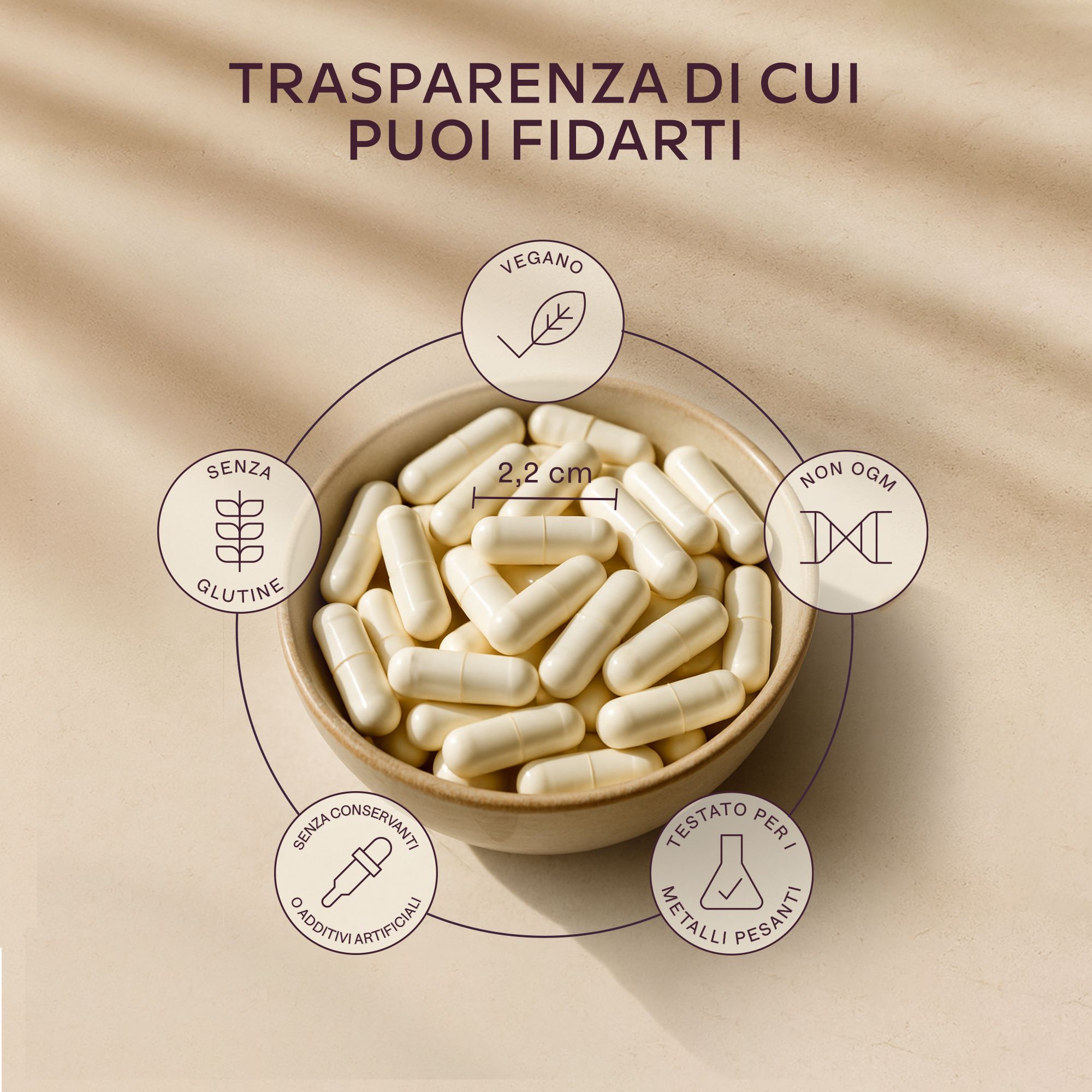 Capsule in una ciotola. Simboli per Vegano, Senza glutine, Non-OGM, ecc. 2,2 cm.
