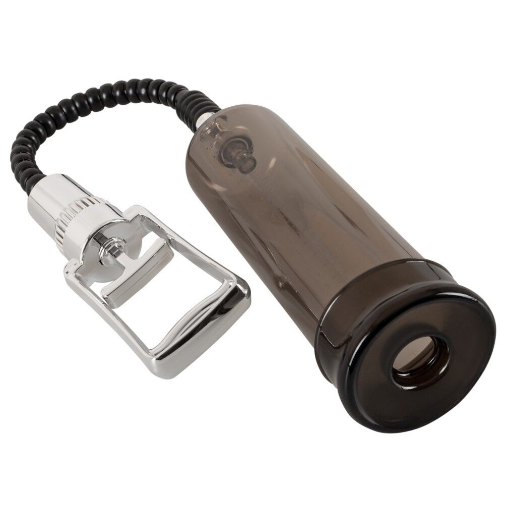 Pompa con cilindro trasparente, tubo nero e impugnatura argentata. Cilindro con apertura.