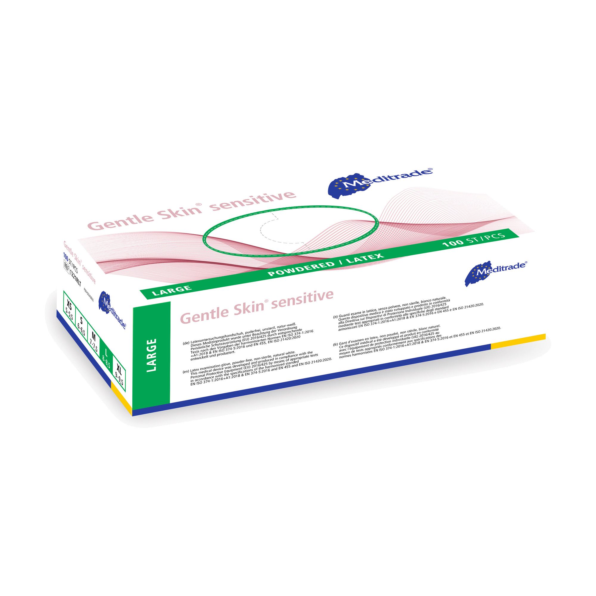 Guanti da esame Meditrade Gentle Skin sensitive in lattice, taglia L, 100 pezzi, senza polvere.