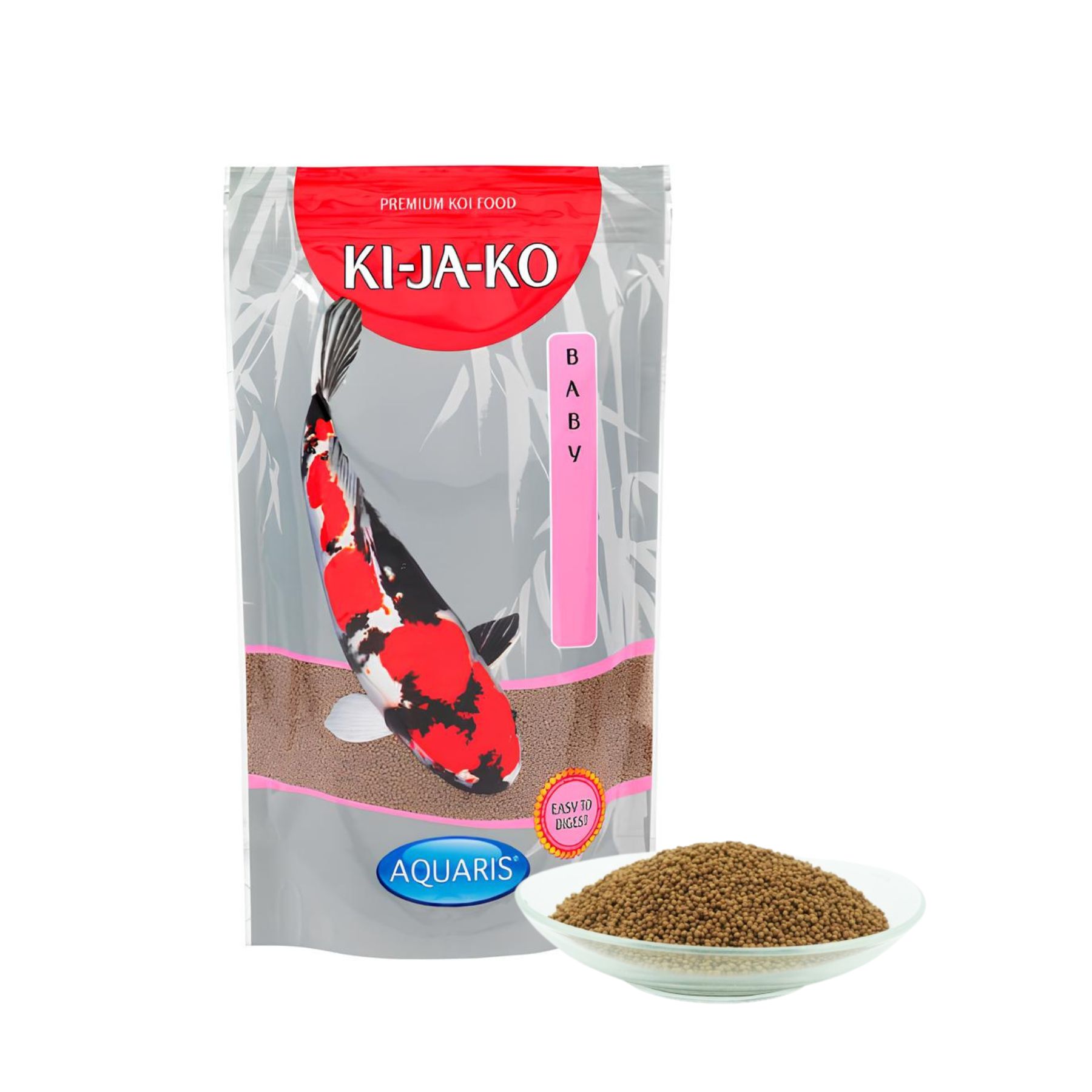 Confezione di KI-JA-KO Koifischfutter Baby. Immagine di una carpa koi. Accanto, cibo in una ciotola.