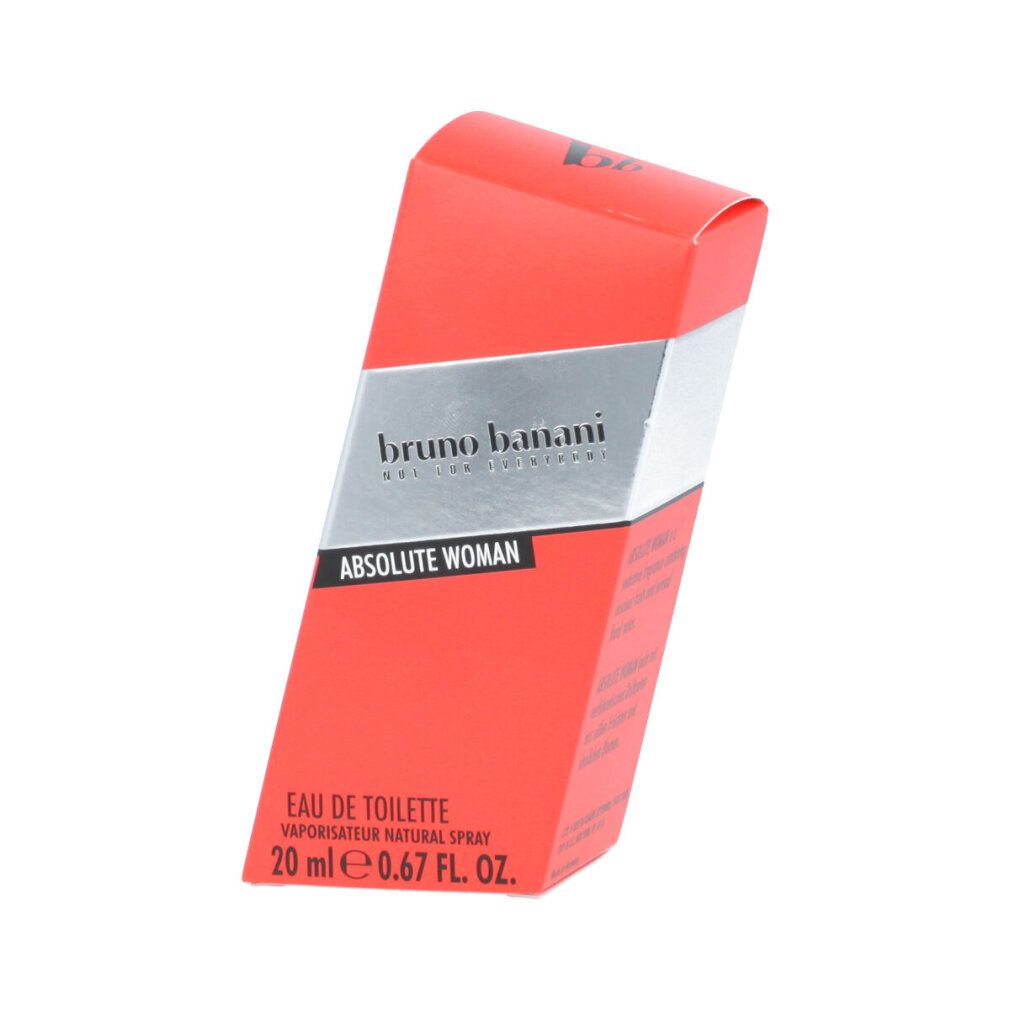 Confezione rossa con striscia argentata. Scritta: Bruno Banani Absolute Woman. Eau de Toilette.