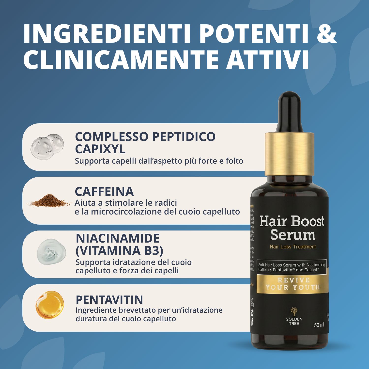 Golden Tree Hair Boost Serum con rappresentazioni degli ingredienti: Capixyl, Caffeina, Niacinamide, Pentavitin.