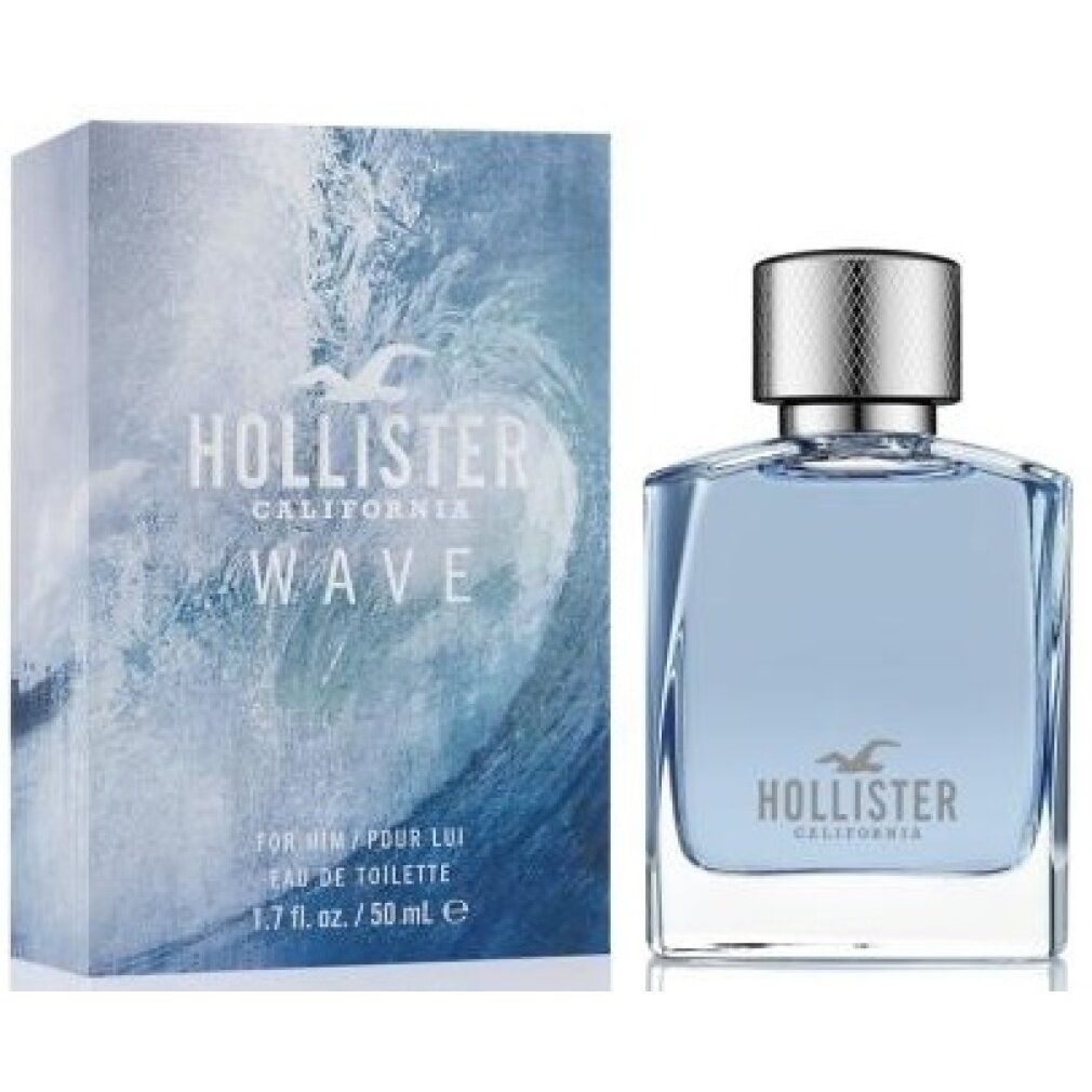Eau de toilette azzurra in flacone quadrato di vetro con tappo argentato. Accanto, scatola con motivo a onde e testo.