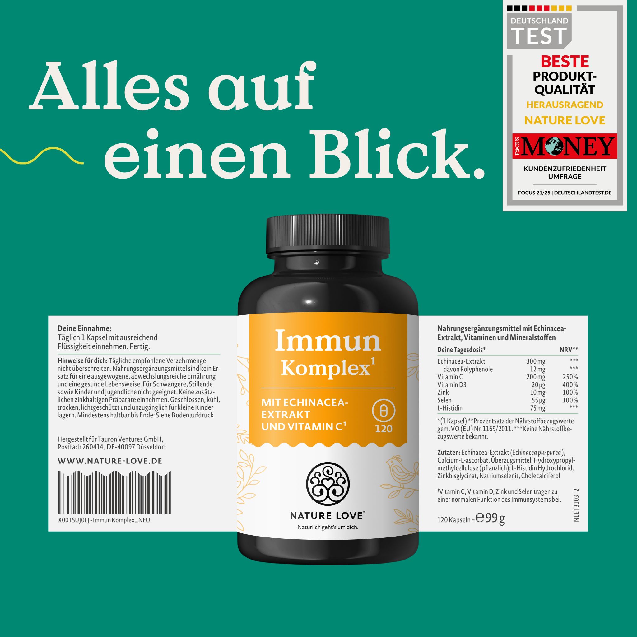 Flacone "Immun Komplex", "Tutto a colpo d'occhio.", sigillo "Deutschland Test Migliore Qualità Prodotto".