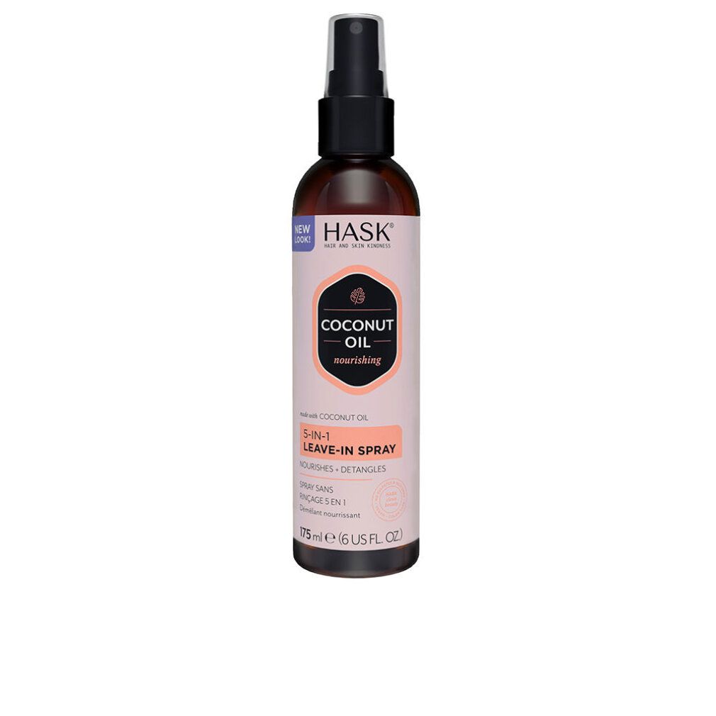 Flacone spray marrone con etichetta rosa. Scritta: HASK Coconut Oil 5-in-1 Leave-in Spray. 175 ml.