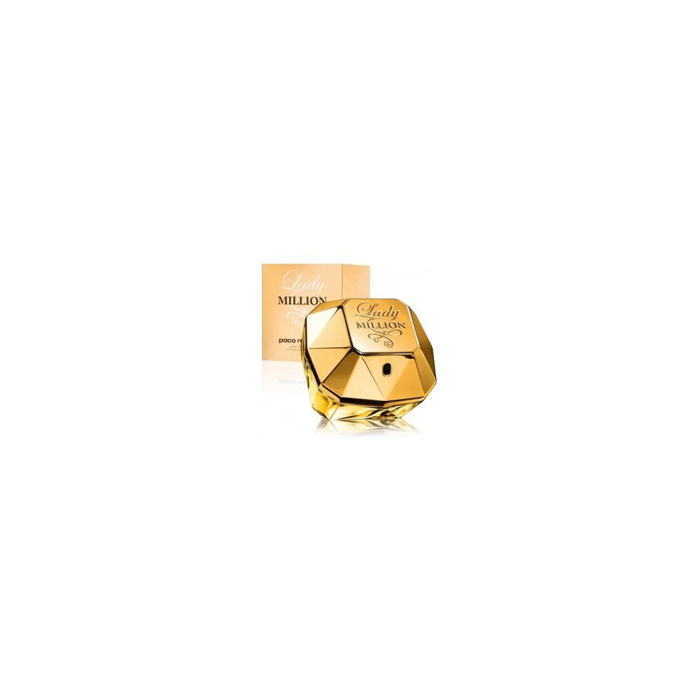 Flacone e confezione dorati. Scritta Lady Million. Forma angolare.