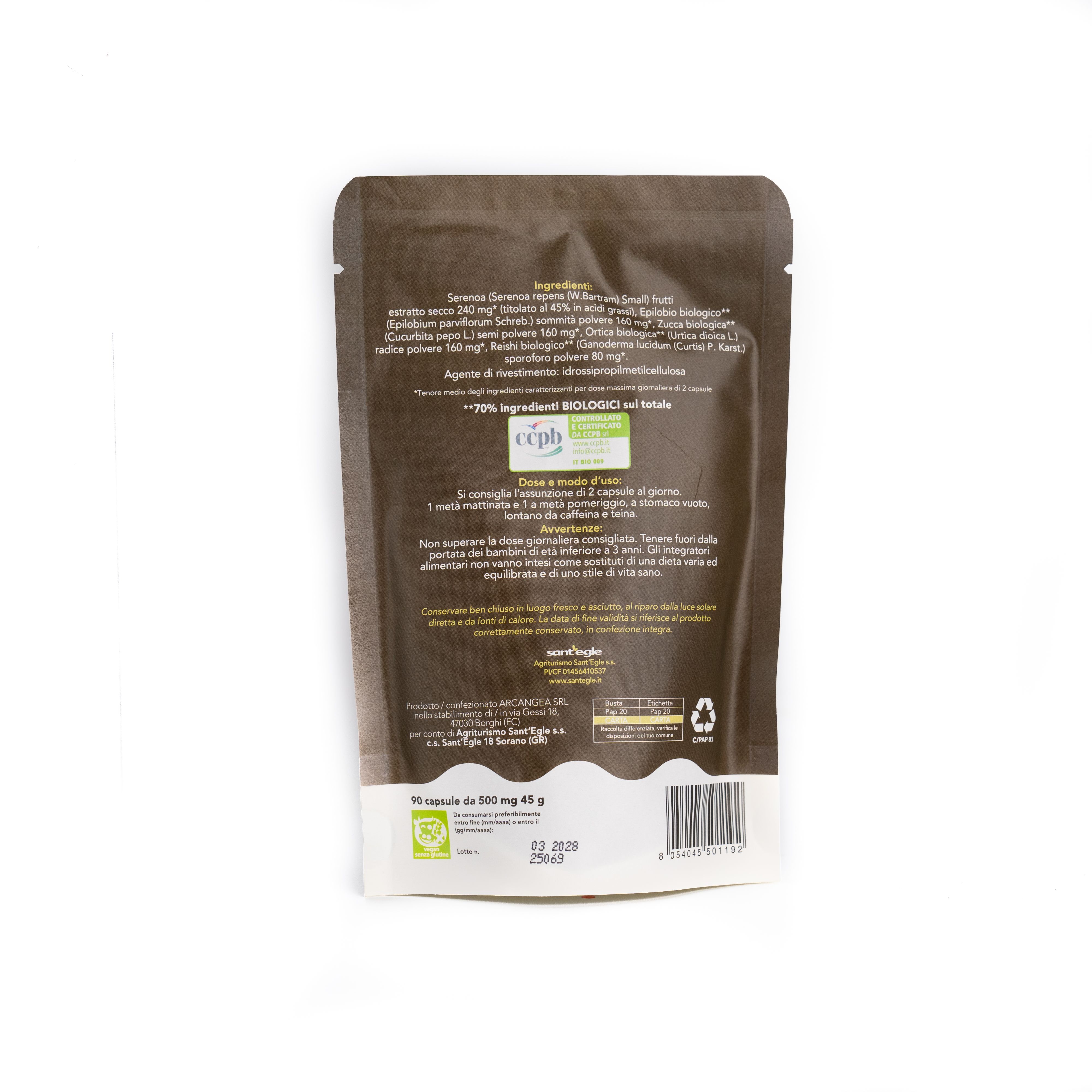 Confezione a sacchetto marrone con testo e logo. Contiene 90 capsule. Certificazione biologica e altre informazioni.