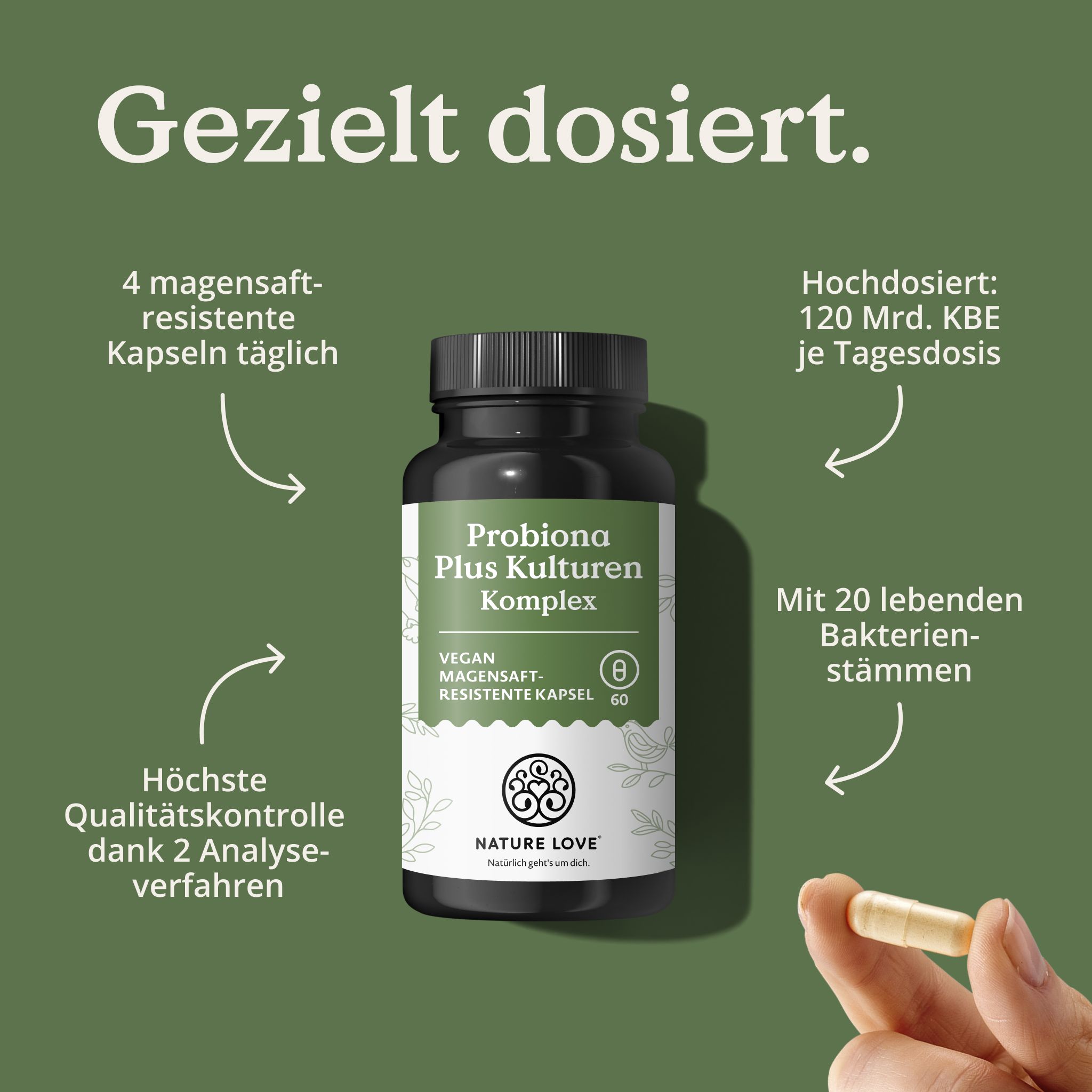 Flacone di capsule Probiona Plus Kulturen Komplex. Testo: Dosato con precisione. 4 capsule gastroresistenti al giorno.