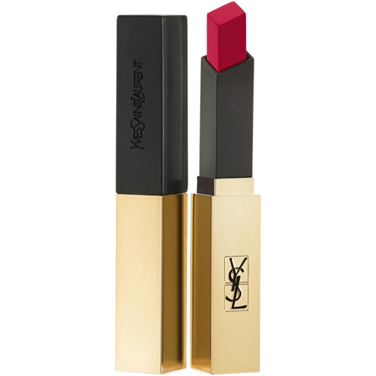 Rossetto Yves Saint Laurent, astuccio dorato, cappuccio nero. Aperto, stick rosso.