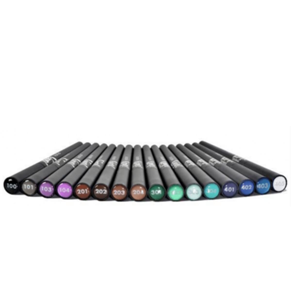 Fila di eyeliner in vari colori. Matite nere con estremità colorate. Numeri da 100 a 403.