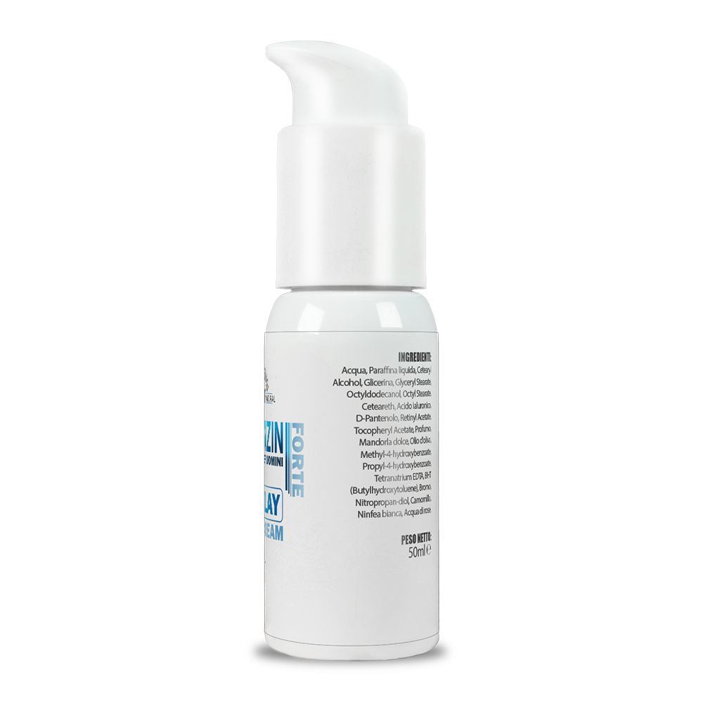 Retro del flacone bianco con dosatore. Testo: Ingredienti, quantità netta 50ml.