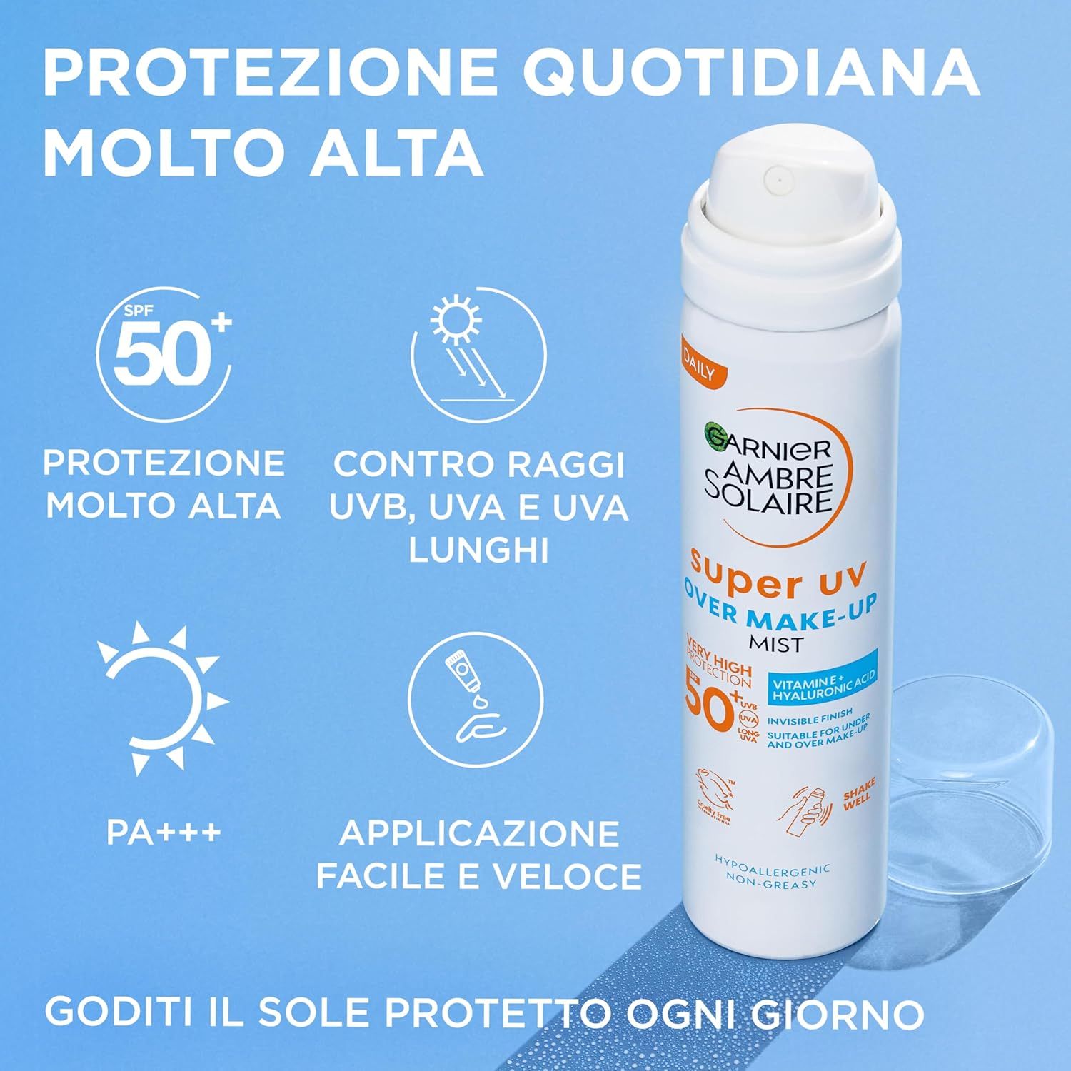 Garnier Ambre Solaire Super UV Over Make-up Mist LSF 50+. Testo: Protezione, UVA/UVB, applicazione rapida. PA+++.
