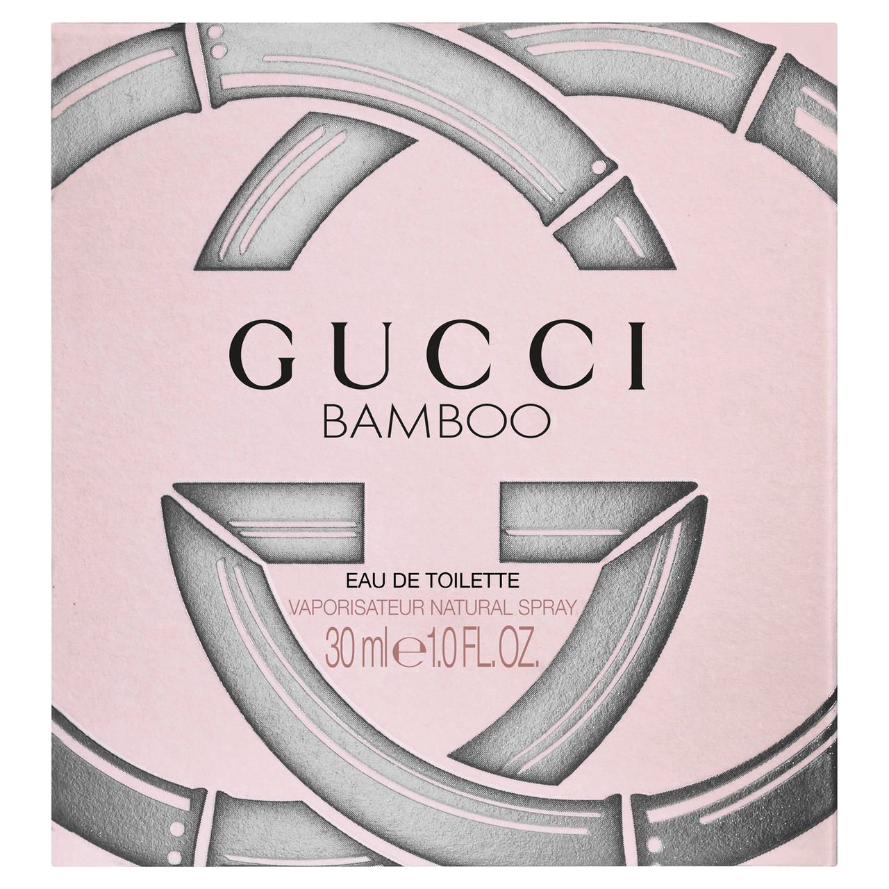 Confezione rosa con logo e scritta: GUCCI BAMBOO. Testo: Eau de Toilette, Vaporisateur Natural Spray, 30 ml, 1.0 FL.OZ.
