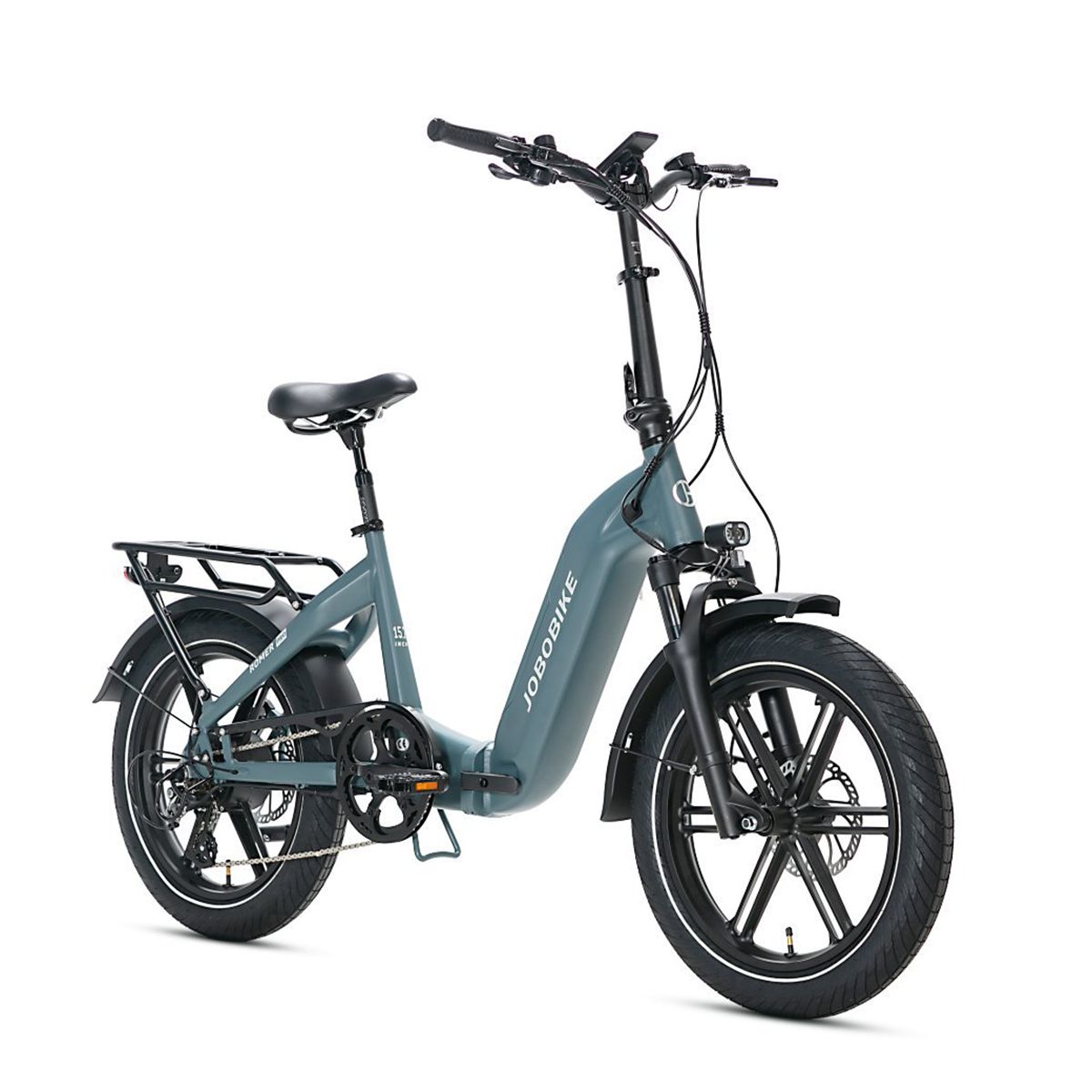 E-bike grigia. Pneumatici, sella e portapacchi neri. Logo JOBOBIKE sul telaio. Luci anteriori e posteriori.