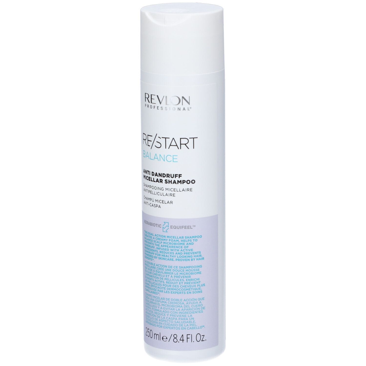 Flacone bianco-blu. Testo: Revlon Professional, Re/Start Balance, Shampoo Micellare Anti-Forfora.