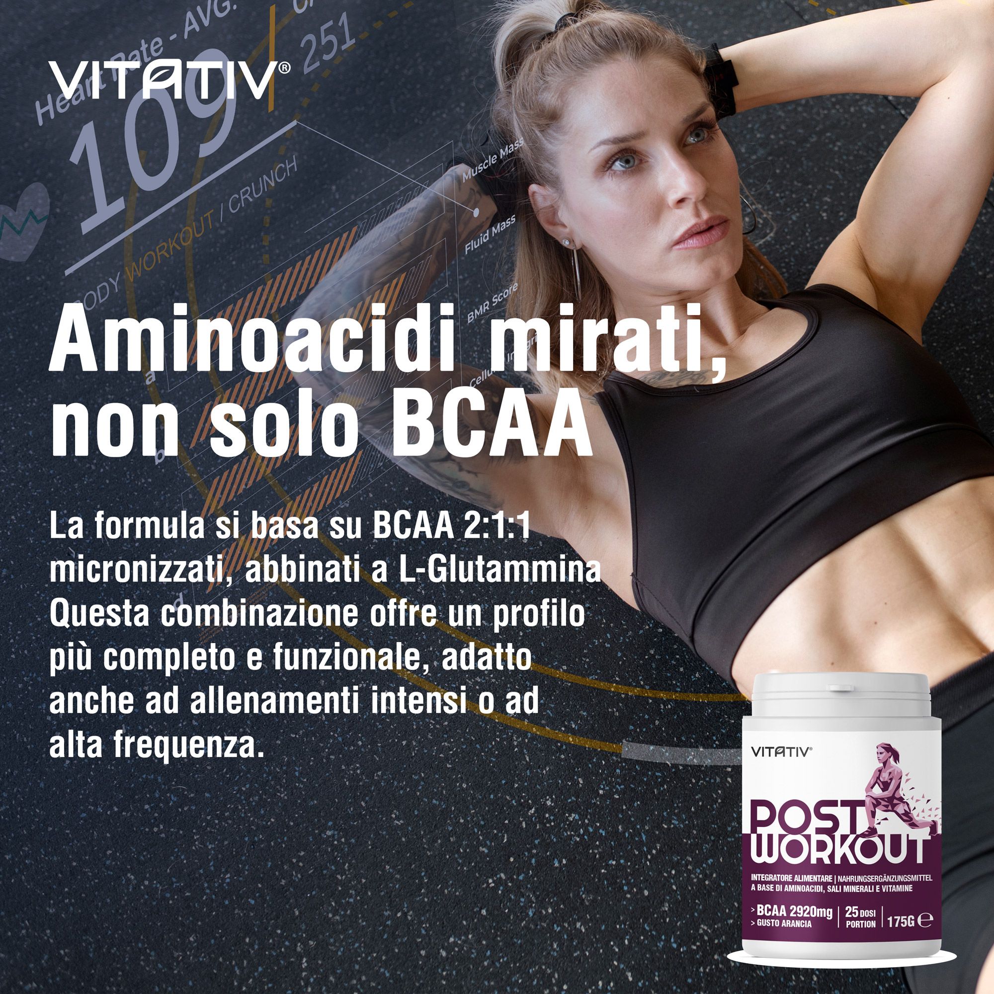 VITATIV® Post Workout Donna in Polvere con BCAA 2:1:1, Glutammina, Minerali e Vitamine - 175 g