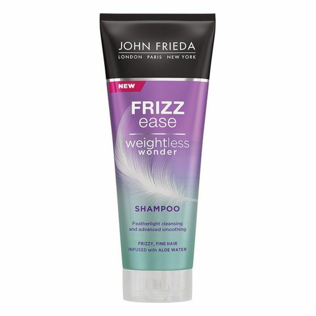 Tubo shampoo Frizz Ease Weightless Wonder. Tappo nero, sfumatura viola-blu, illustrazione piuma. Testo: Shampoo, per capelli fini.