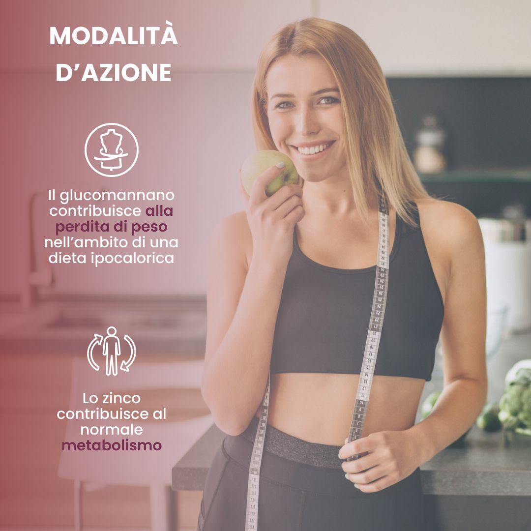Donna con metro a nastro e mela, confezione Plantocaps Gluco 3.0.