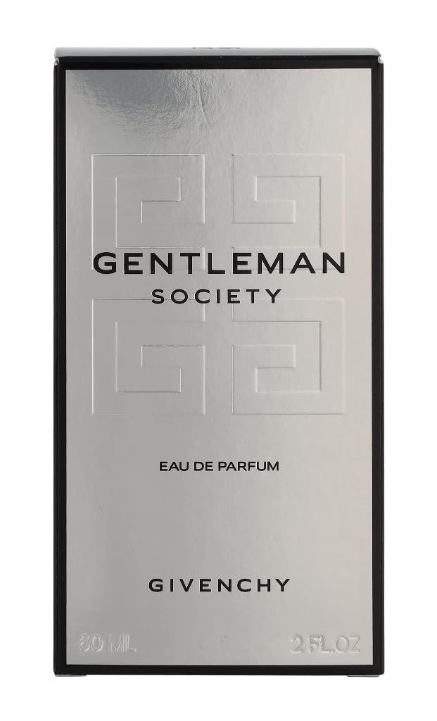 Scatola argentata con logo nero. "GENTLEMAN SOCIETY" e "GIVENCHY" sono scritti sulla scatola.