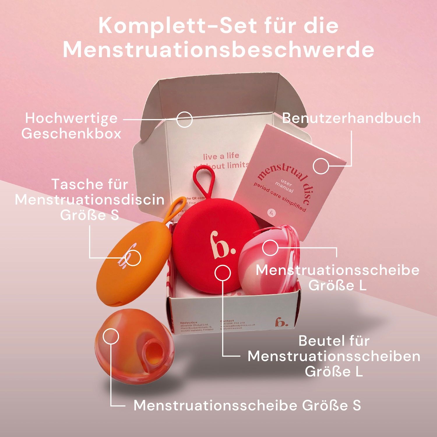 Set di prodotti con dischi mestruali, custodia, manuale e confezione regalo. Taglie S e L.