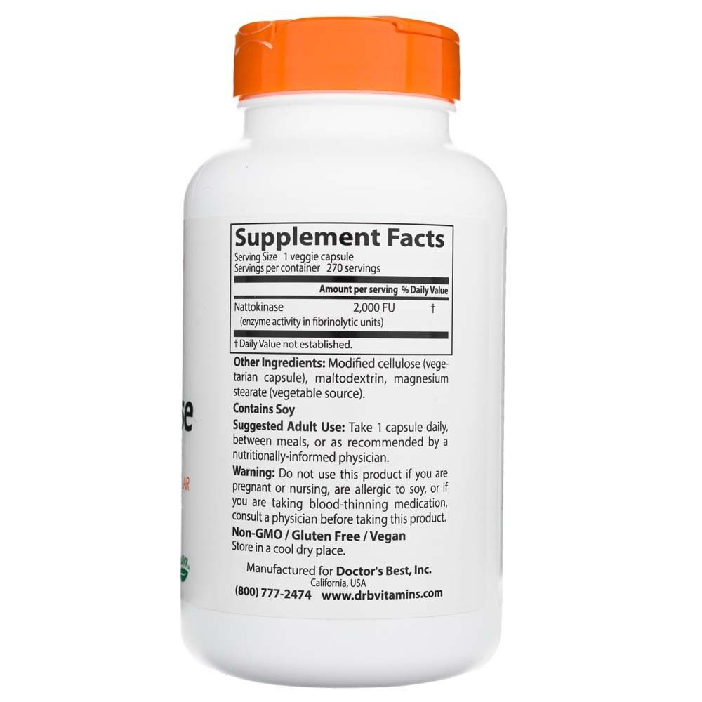 Retro di una bottiglia Doctor's Best Nattokinase con informazioni nutrizionali e ingredienti. 270 porzioni.