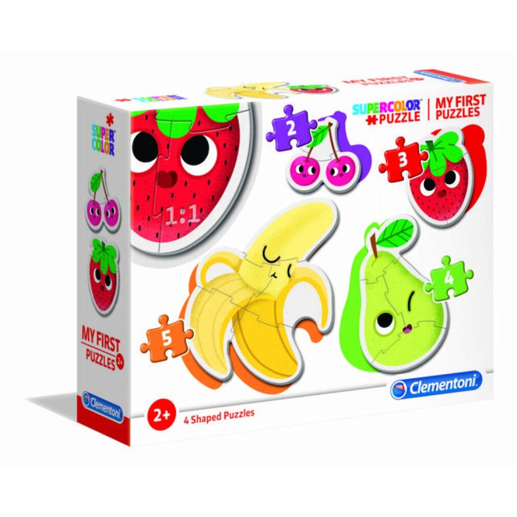 Confezione di puzzle. Puzzle di frutta: fragola, ciliegie, banana e pera. Logo Clementoni e nome del prodotto.