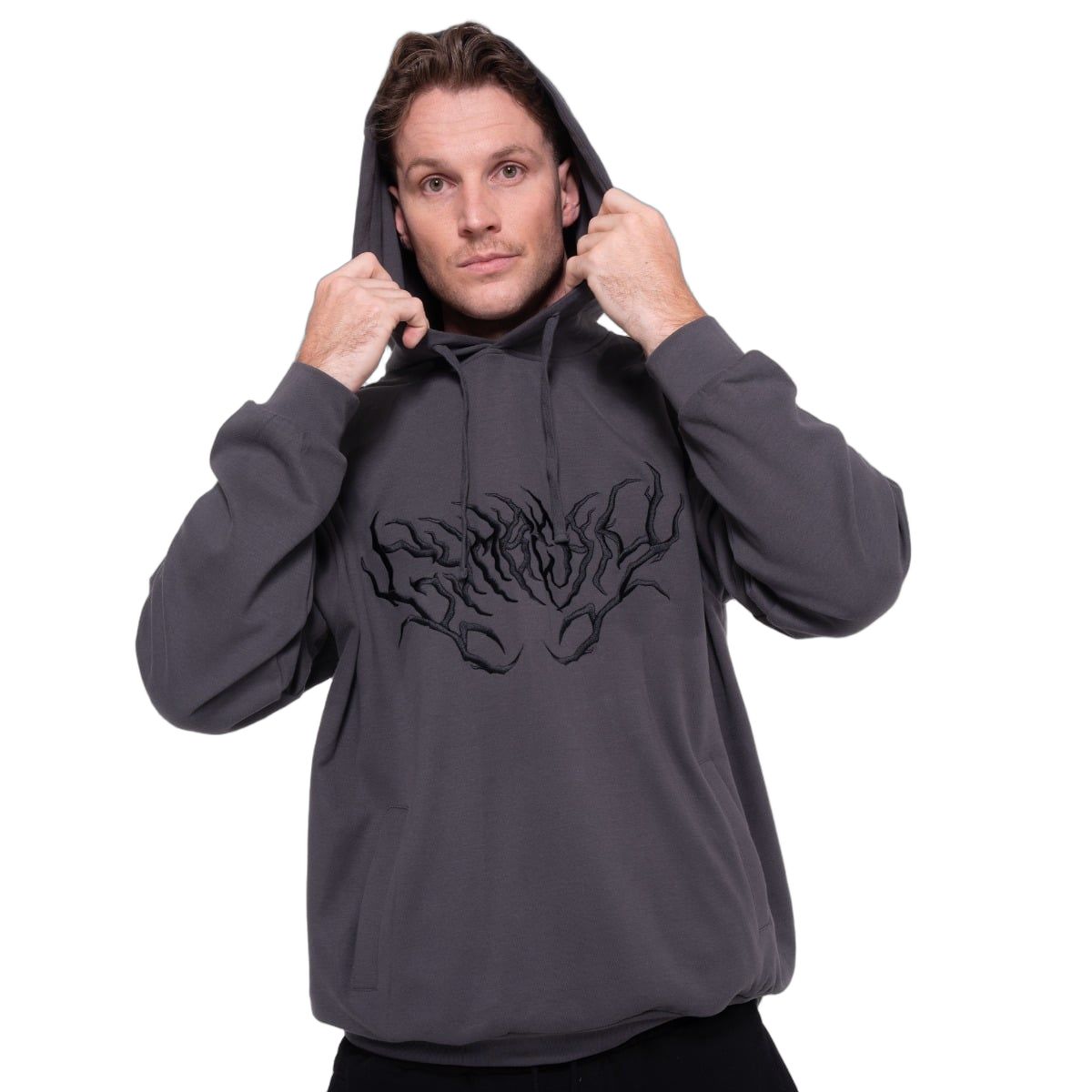 GymBeam Felpa uomo oversize Thorn grigia con cappuccio e tasche