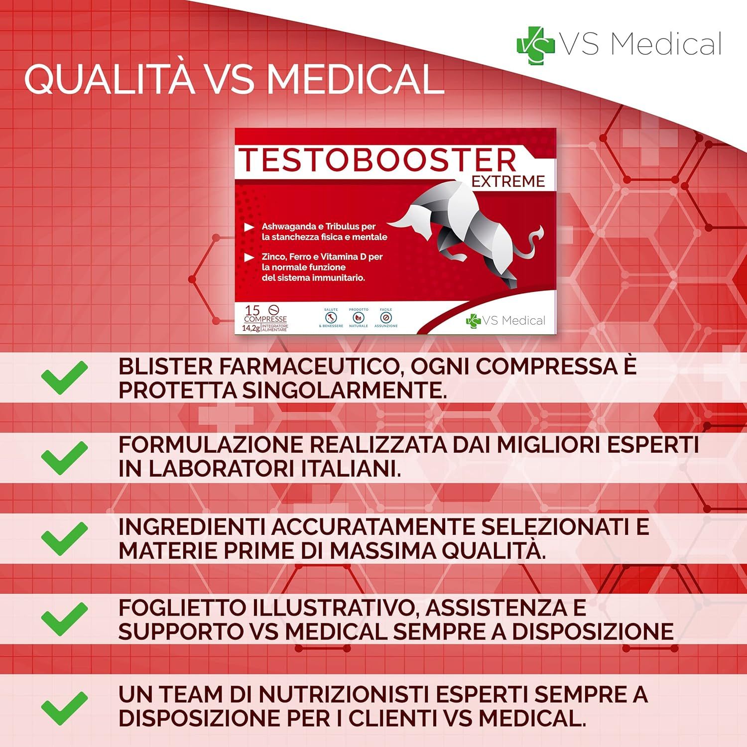 Confezione rossa con informazioni sul prodotto. Testo: Testobooster Extreme, 15 compresse. Logo VS Medical. Spunte verdi.