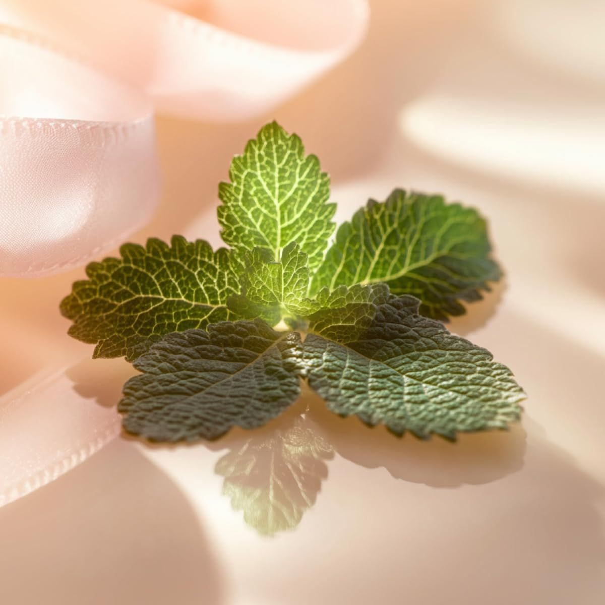 Foglie verdi con venature sottili, disposte a forma di fiore. Nastro rosa sullo sfondo, riflessi chiari.