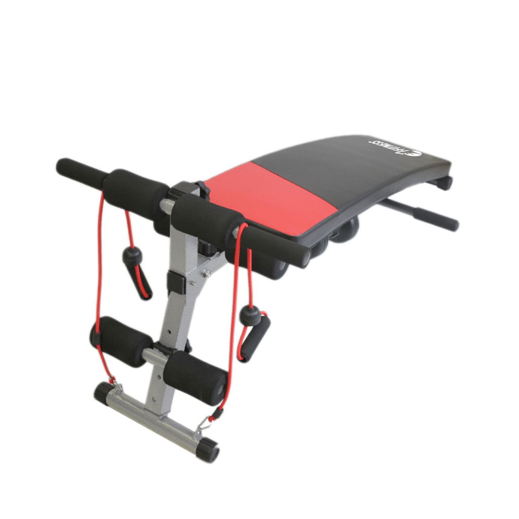 Panca sit-up con imbottitura rossa e nera. Estensori e maniglie. Logo FFitness.