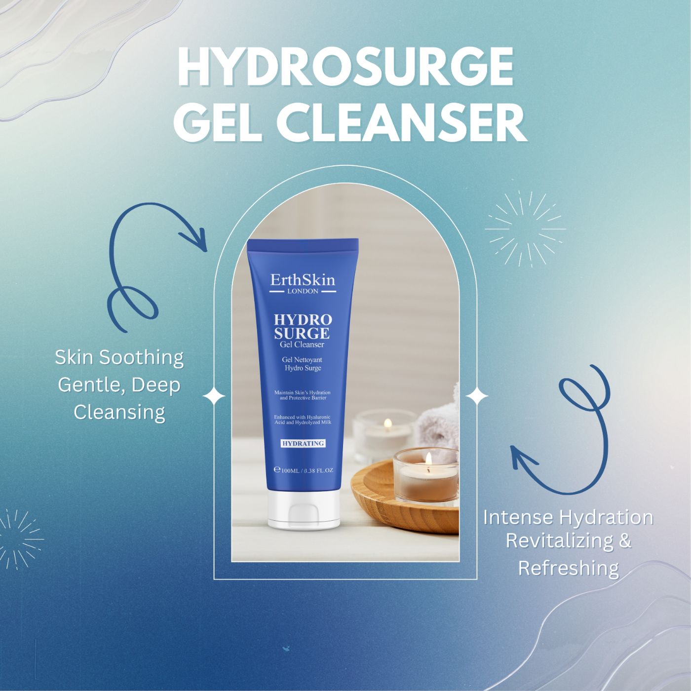 Tubo blu HYDROSURGE Gel Cleanser. Testo: ErthSkin London, HYDROSURGE Gel Cleanser. Illustrazioni: lenisce la pelle, idratazione intensa, pulizia delicata.