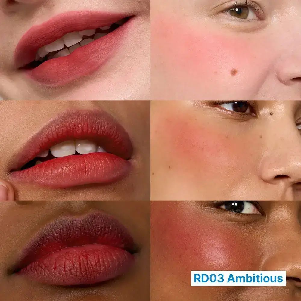 Diverse applicazioni labbra e guance rosse. Testo: RD03 Ambitious.