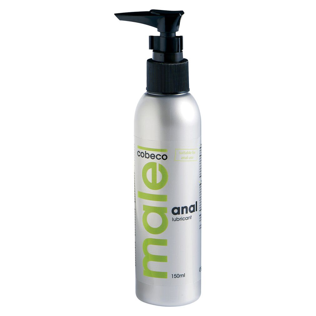 Flacone argento con dosatore nero. Scritta: male anal lubricant. Marchio: Cobeco.