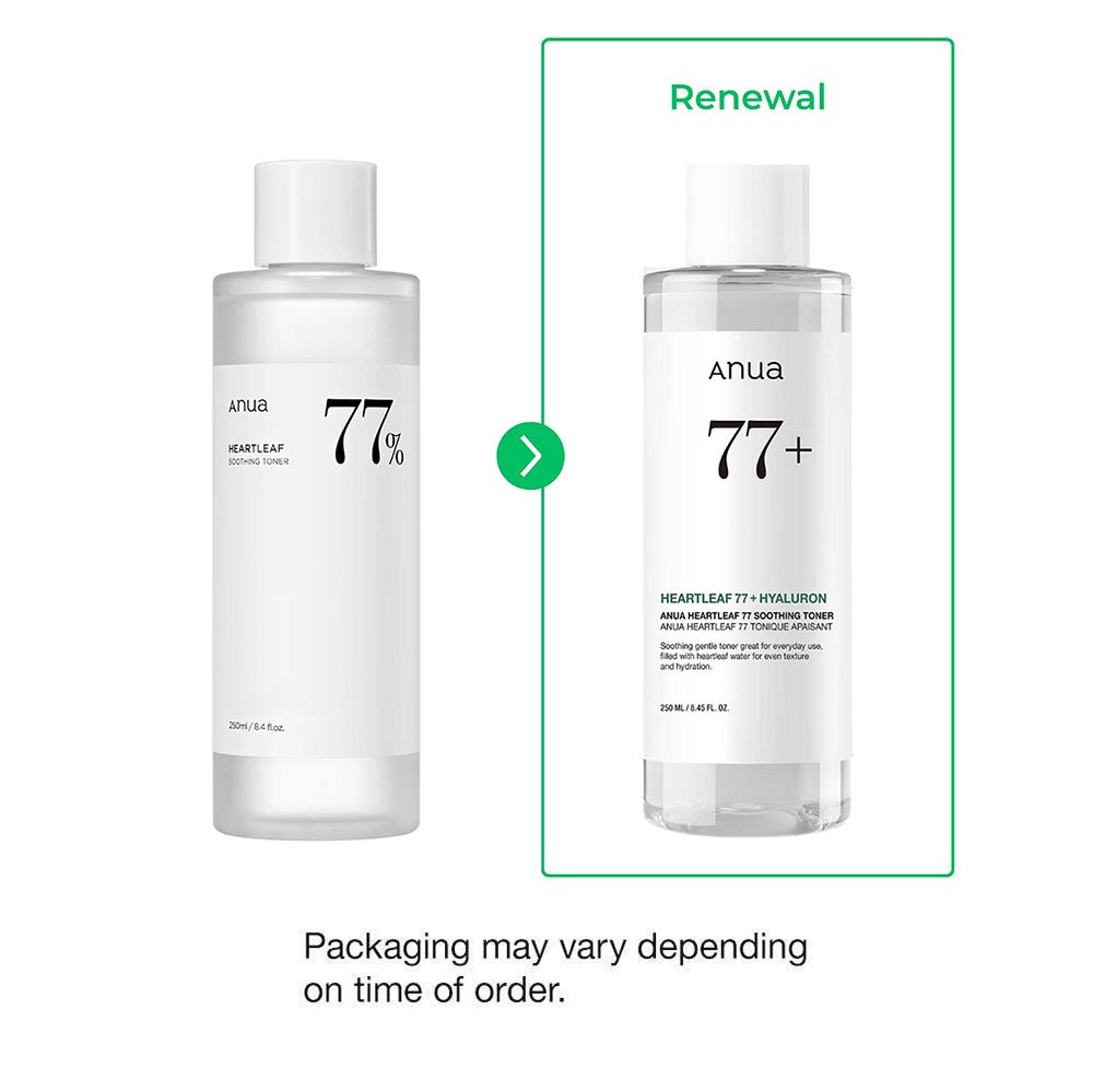 Confronto tra due flaconi di tonico. "Renewal" e "Packaging may vary".