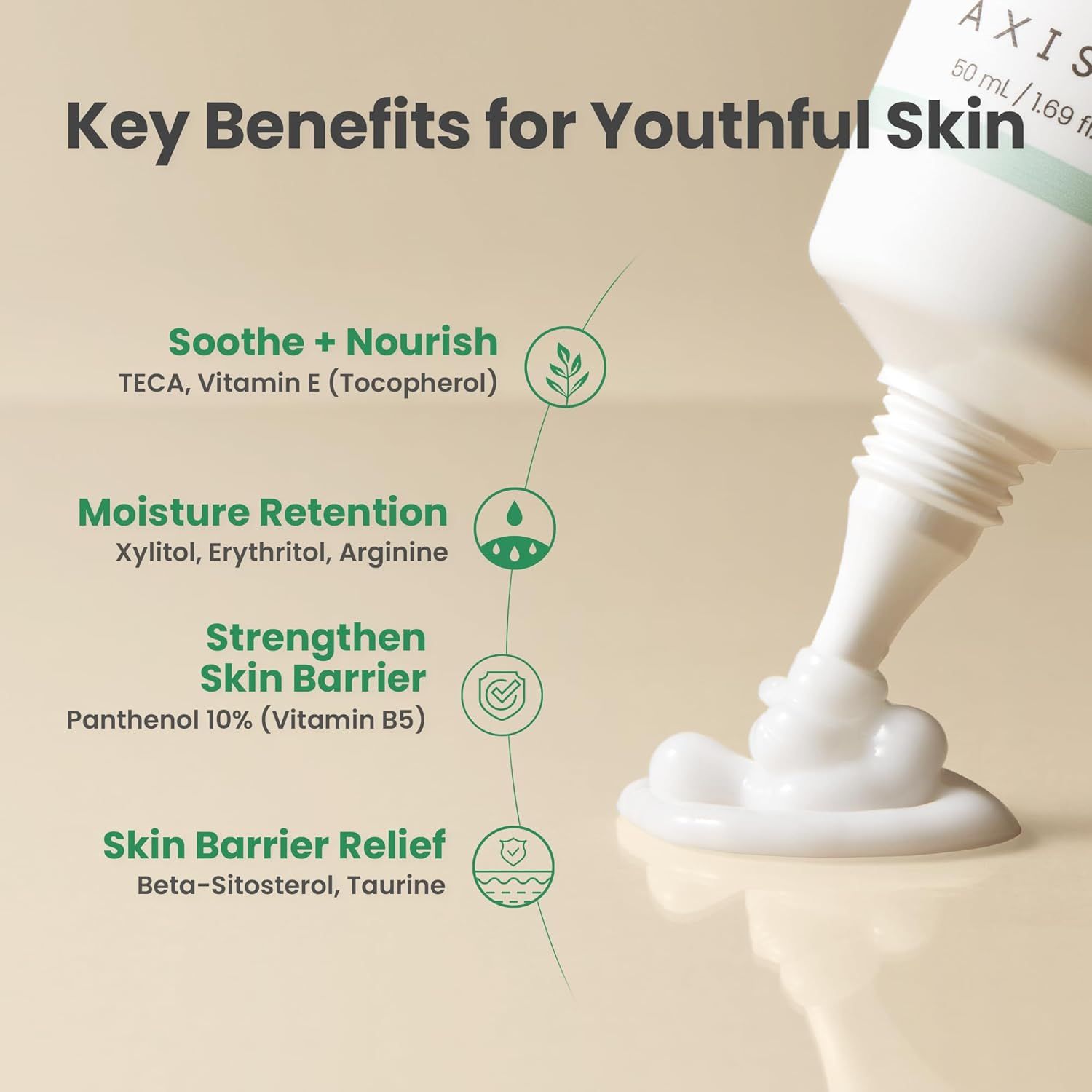 Tubo 'Panthenol 10 Skin Smoothing Shield Cream' con testo. Testo: 'Key Benefits for Youthful Skin' e benefici.