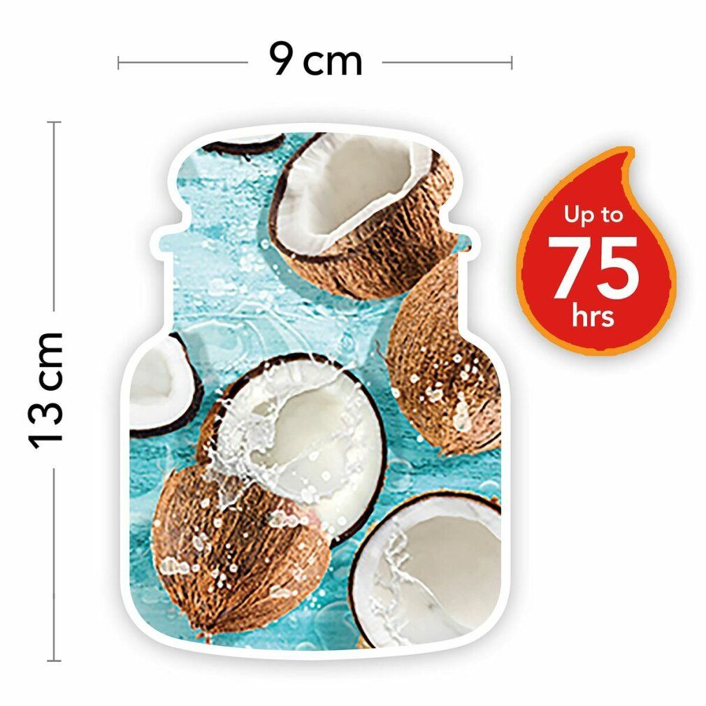 Adesivo a forma di barattolo di candela con motivo cocco. Dimensioni: 9 cm x 13 cm. Adesivo con fiamma rossa e testo "Up to 75 hrs".