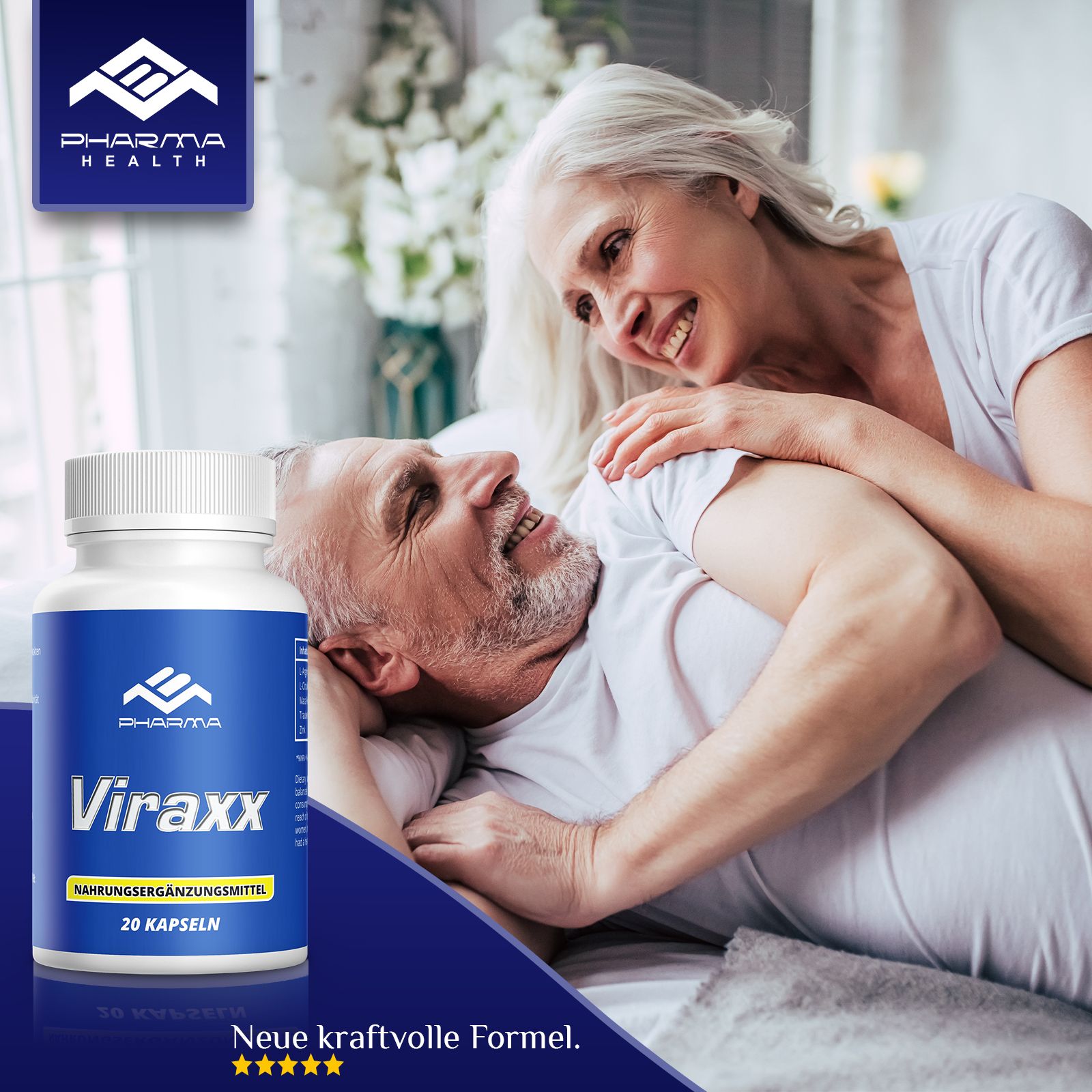 Immagine pubblicitaria con flacone Viraxx, Pharma. Testo: Nuova formula potente. Immagine di coppia anziana a letto.