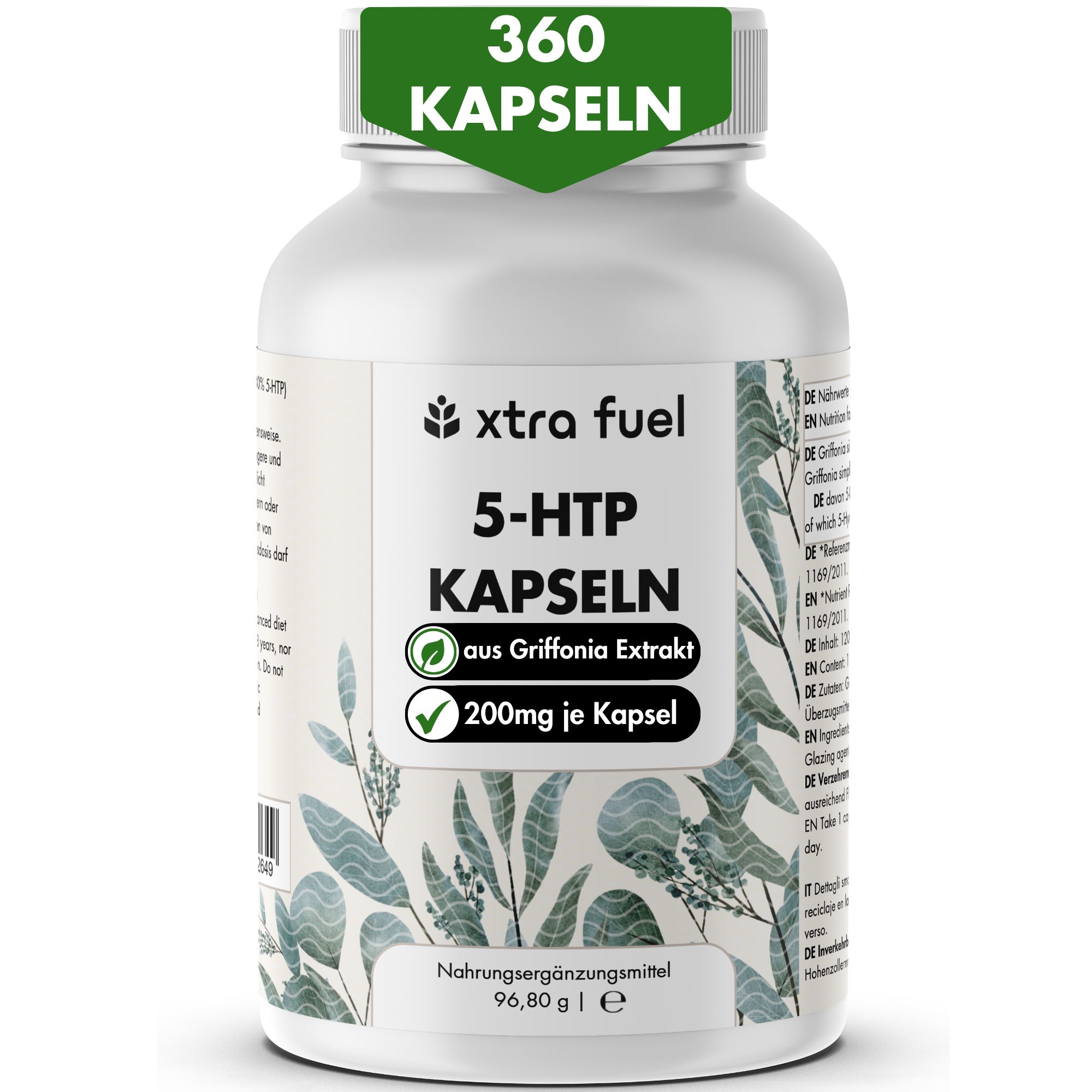 Flacone bianco con capsule. Scritta: XTRA FUEL 5-HTP KAPSELN, 360 capsule. 200mg per capsula. Estratto di Griffonia.