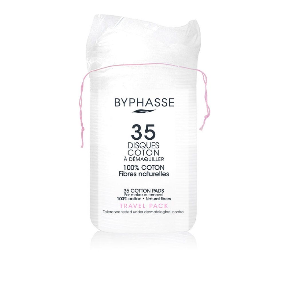 Confezione da 35 dischetti di cotone. Scritta BYPHASSE, 100% cotone, fibre naturali. Confezione da viaggio. Testato dermatologicamente.