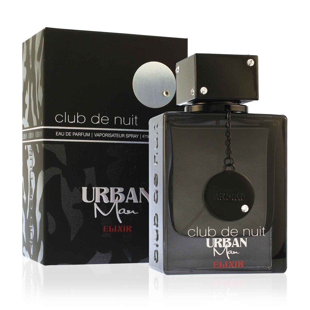 Flacone nero con confezione nera. Scritta: Club de Nuit Urban Man Elixir. Flacone con catena e ciondolo.