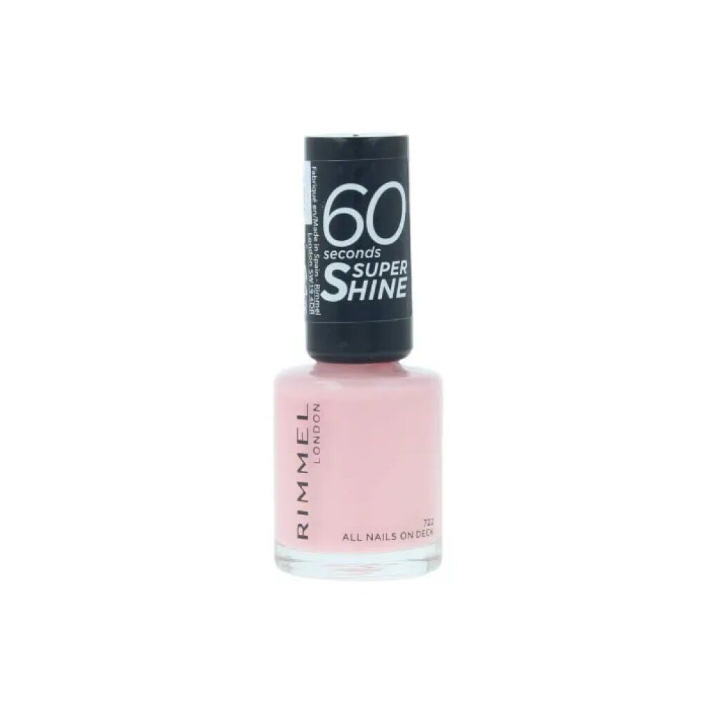 Flacone di smalto rosa. Tappo nero con scritta bianca: 60 seconds Super Shine. Scritta: Rimmel London.