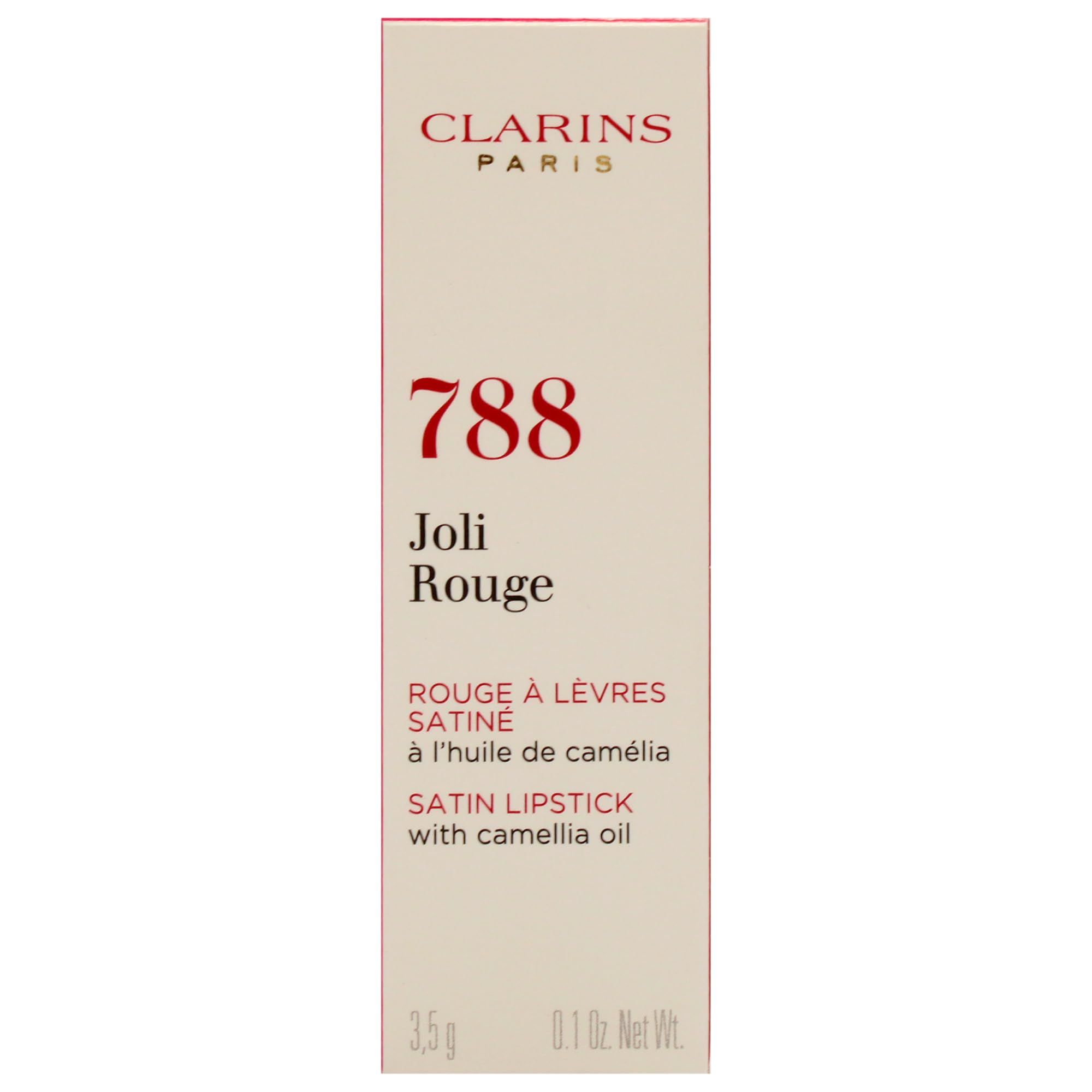 Confezione con Clarins, 788, Joli Rouge, Rouge à Lèvres Satiné. Sulla confezione sono indicati anche 3,5 g e 0,1 Oz Net Wt.