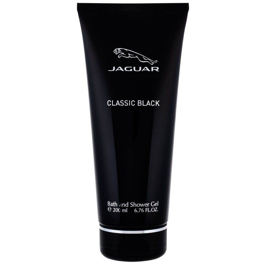 Tubo nero di gel doccia Jaguar Classic Black. Logo Jaguar in alto. Scritta "Bath and Shower Gel" in basso.