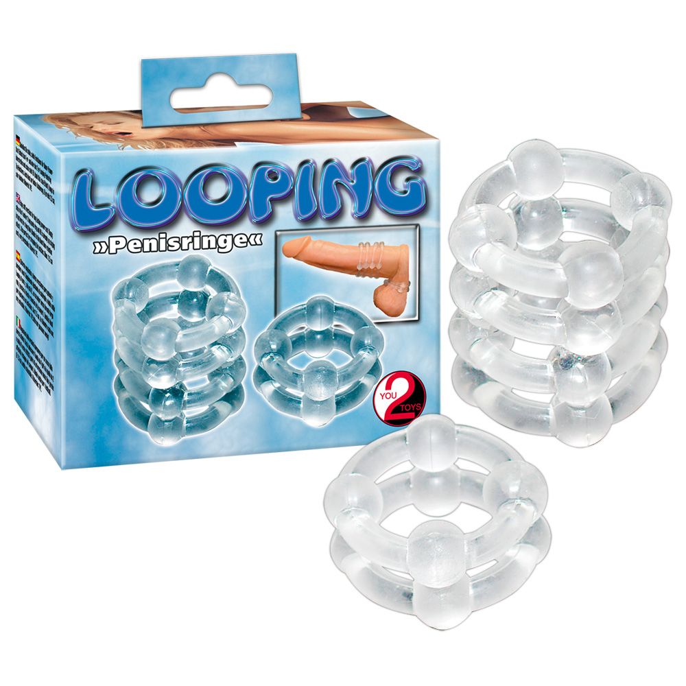 Confezione del prodotto con immagini del prodotto. Scritta: LOOPING, Penisringe, You2Toys.