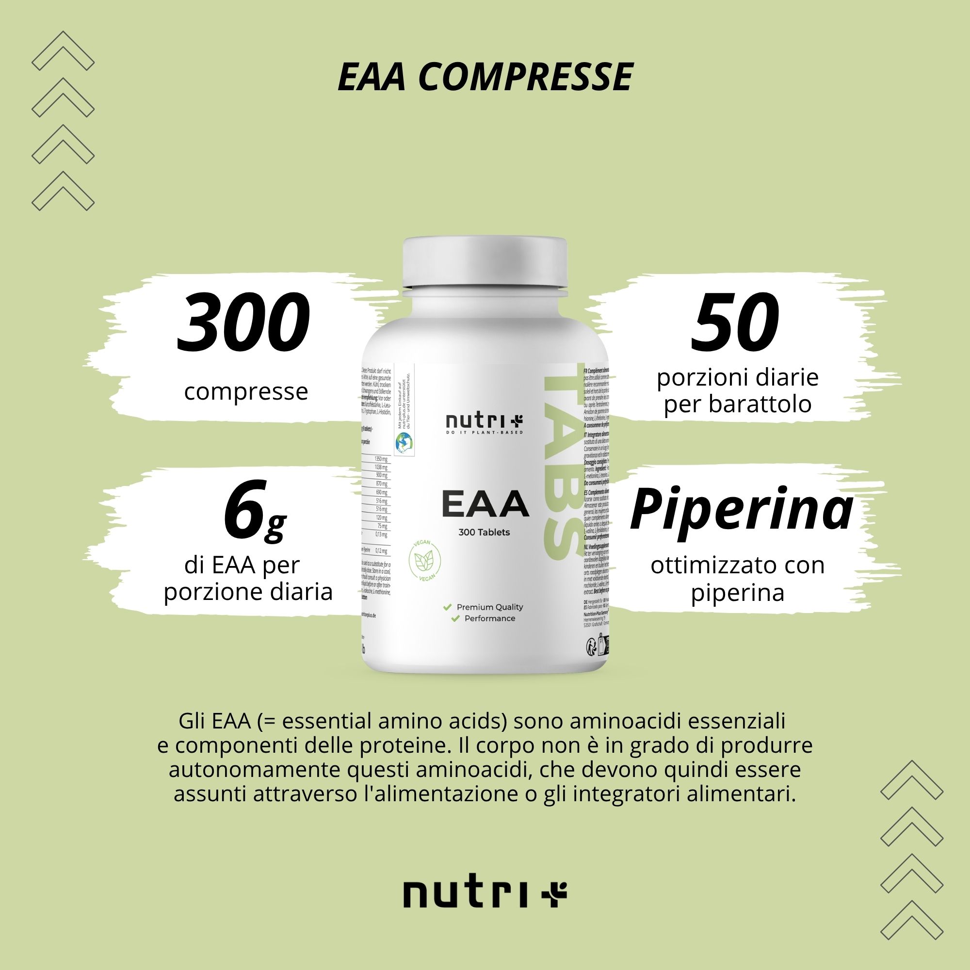 Due compresse bianche. Scritta: EAA COMPRESSE. Sigillo vegano. Senza coloranti, soia, glutine, lattosio, OGM.